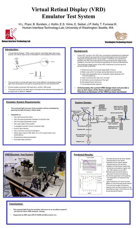 Virtual Retinal Display (VRD) Emulator Test System H.L. Pryor, B. Burstein, J. Kollin, E.S. Viirre, E. Seibel, J.P. Kelly, T. Furness III. Human Interface.