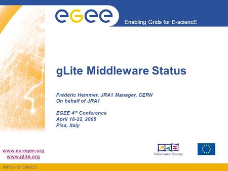 INFSO-RI-508833 Enabling Grids for E-sciencE www.eu-egee.org www.glite.org gLite Middleware Status Frédéric Hemmer, JRA1 Manager, CERN On behalf of JRA1.