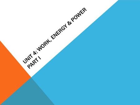 UNIT 4: WORK, ENERGY & POWER PART I WHAT IS WORK? A force causing displacement Time is not a factor----can be fast or slow Force must be applied in the.