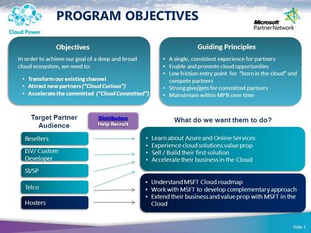 In order to achieve our goal of a deep and broad cloud ecosystem, we need to: Transform our existing channel Attract new partners (“Cloud Curious”) Accelerate.