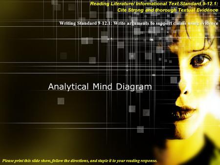 Analytical Mind Diagram Reading Literature/ Informational Text Standard 9-12.1: Cite Strong and thorough Textual Evidence Writing Standard 9-12.1: Write.