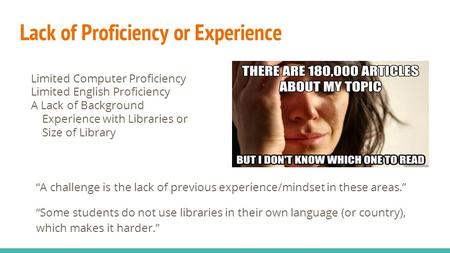 Lack of Proficiency or Experience Limited Computer Proficiency Limited English Proficiency A Lack of Background Experience with Libraries or Size of Library.