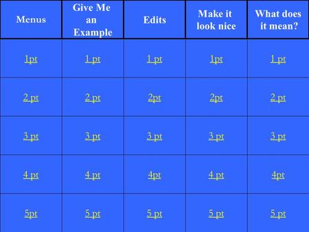 2 pt 3 pt 4 pt 5pt 1 pt 2 pt 3 pt 4 pt 5 pt 1 pt 2pt 3 pt 4pt 5 pt 1pt 2pt 3 pt 4 pt 5 pt 1 pt 2 pt 3 pt 4pt 5 pt 1pt Menus Give Me an Example Edits Make.