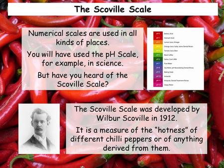 The Scoville Scale The Scoville Scale was developed by Wilbur Scoville in 1912. It is a measure of the “hotness” of different chilli peppers or of anything.