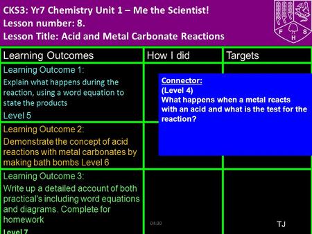 04:33 CKS3: Yr7 Chemistry Unit 1 – Me the Scientist! Lesson number: 8. Lesson Title: Acid and Metal Carbonate Reactions Learning OutcomesHow I didTargets.