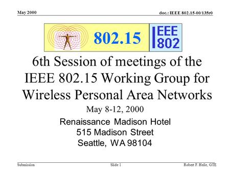 Doc.: IEEE 802.15-00/135r0 Submission May 2000 Robert F. Heile, GTESlide 1 802.15 6th Session of meetings of the IEEE 802.15 Working Group for Wireless.