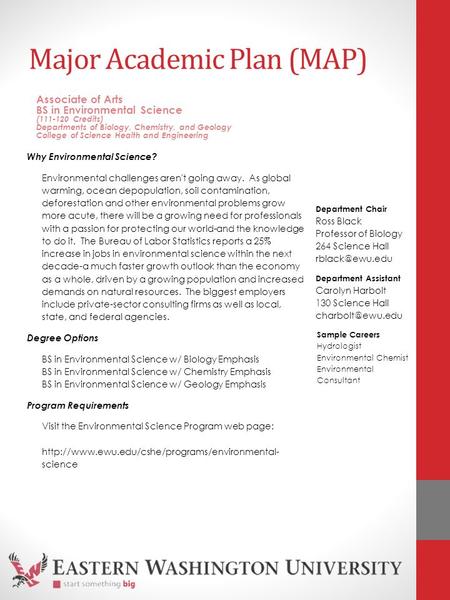 Major Academic Plan (MAP) Why Environmental Science? Environmental challenges aren't going away. As global warming, ocean depopulation, soil contamination,