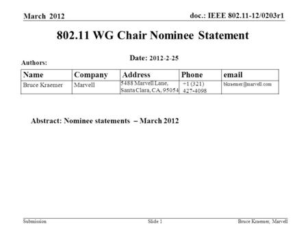 Doc.: IEEE 802.11-12/0203r1 Submission March 2012 Bruce Kraemer, MarvellSlide 1 +1 (321) 427-4098 5488 Marvell Lane, Santa Clara, CA, 95054 Name Company.