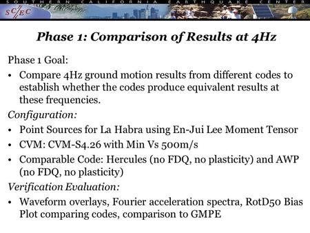 Phase 1: Comparison of Results at 4Hz Phase 1 Goal: Compare 4Hz ground motion results from different codes to establish whether the codes produce equivalent.