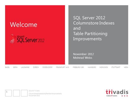 2012 © Trivadis BASEL BERN LAUSANNE ZÜRICH DÜSSELDORF FRANKFURT A.M. FREIBURG I.BR. HAMBURG MÜNCHEN STUTTGART WIEN Welcome November 2012 Columnstore Indexes.