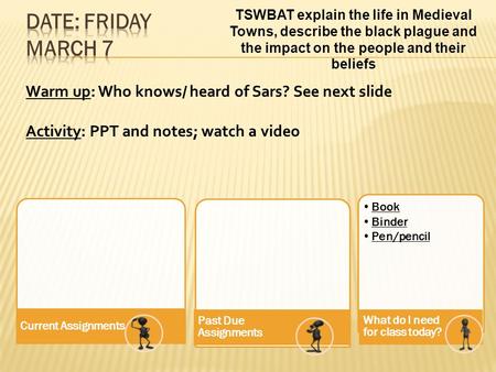 TSWBAT explain the life in Medieval Towns, describe the black plague and the impact on the people and their beliefs Warm up: Who knows/ heard of Sars?