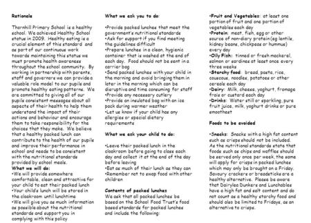 Rationale Thornhill Primary School is a healthy school. We achieved Healthy School status in 2009. Healthy eating is a crucial element of this standard.