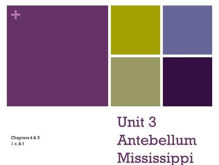 + Unit 3 Antebellum Mississippi Chapters 4 & 5 1 c, & f.