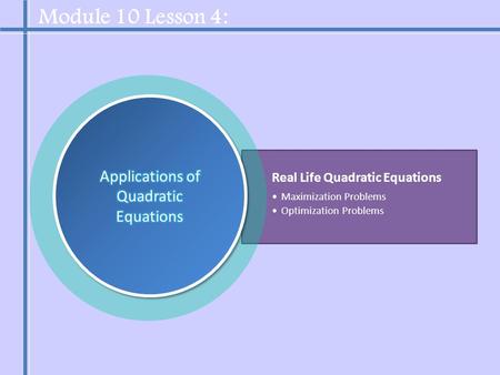 Real Life Quadratic Equations Maximization Problems Optimization Problems Module 10 Lesson 4: