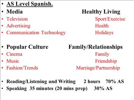 AS Level Spanish. MediaHealthy Living TelevisionSport/Exercise AdvertisingHealth Communication TechnologyHolidays Popular CultureFamily/Relationships CinemaFamily.