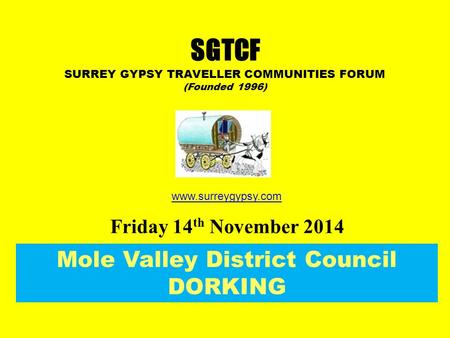 Mole Valley District Council DORKING Friday 14 th November 2014 SGTCF SURREY GYPSY TRAVELLER COMMUNITIES FORUM (Founded 1996) www.surreygypsy.com.