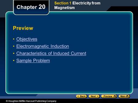 © Houghton Mifflin Harcourt Publishing Company Preview Objectives Electromagnetic Induction Characteristics of Induced Current Sample Problem Chapter 20.