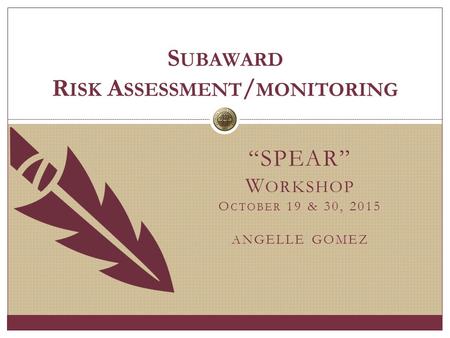 “SPEAR” W ORKSHOP O CTOBER 19 & 30, 2015 ANGELLE GOMEZ S UBAWARD R ISK A SSESSMENT / MONITORING.