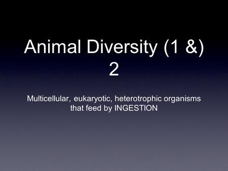 Animal Diversity (1 &) 2 Multicellular, eukaryotic, heterotrophic organisms that feed by INGESTION.