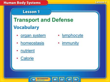 Lesson 1 Reading Guide - Vocab organ system homeostasis nutrient Calorie Transport and Defense lymphocyte immunity.