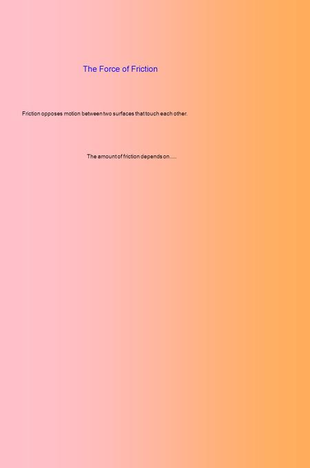 The Force of Friction Friction opposes motion between two surfaces that touch each other. The amount of friction depends on.....