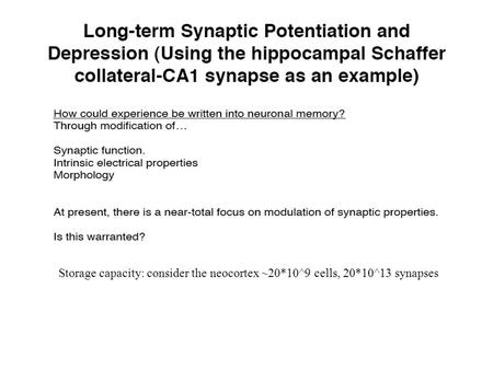 Storage capacity: consider the neocortex ~20*10^9 cells, 20*10^13 synapses.