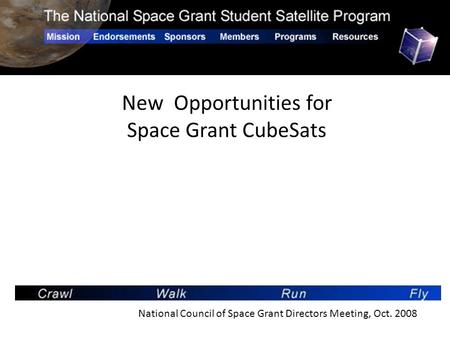 New Opportunities for Space Grant CubeSats National Council of Space Grant Directors Meeting, Oct. 2008.