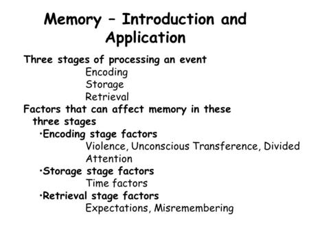 Memory – Introduction and Application Three stages of processing an event Encoding Storage Retrieval Factors that can affect memory in these three stages.