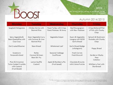 WEEK 1 This menu is compliant with the school food standards. We encourage pupils to enjoy a healthy balanced diet. Chartwells can cater for many special.