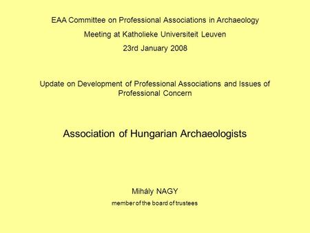 Association of Hungarian Archaeologists EAA Committee on Professional Associations in Archaeology Meeting at Katholieke Universiteit Leuven 23rd January.