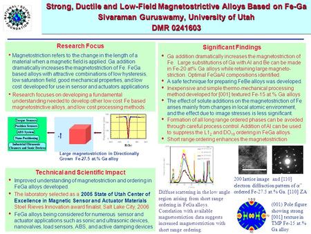 Strong, Ductile and Low-Field Magnetostrictive Alloys Based on Fe-Ga Sivaraman Guruswamy, University of Utah DMR 0241603 Technical and Scientific Impact.