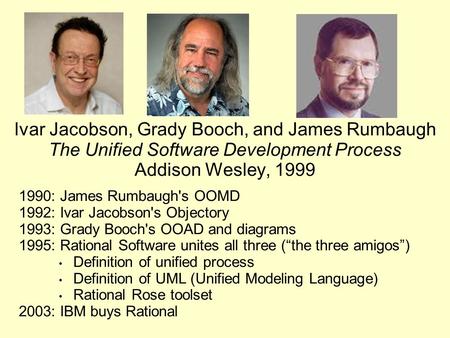 Ivar Jacobson, Grady Booch, and James Rumbaugh The Unified Software Development Process Addison Wesley, 1999 1990: James Rumbaugh's OOMD 1992: Ivar Jacobson's.