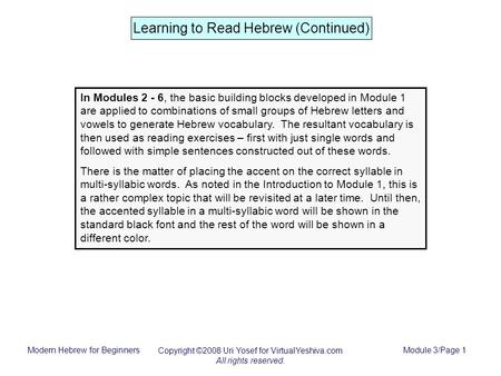 Modern Hebrew for Beginners Copyright ©2008 Uri Yosef for VirtualYeshiva.com All rights reserved. Module 3/Page 1 Learning to Read Hebrew (Continued) In.