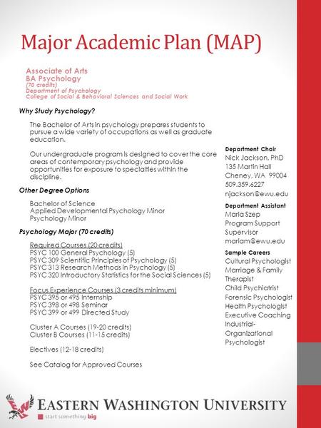 Major Academic Plan (MAP) Why Study Psychology? The Bachelor of Arts in psychology prepares students to pursue a wide variety of occupations as well as.