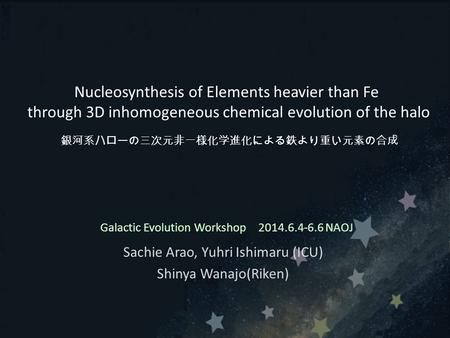 Galactic Evolution Workshop 2014.6.4-6.6 NAOJ Sachie Arao, Yuhri Ishimaru (ICU) Shinya Wanajo(Riken) Nucleosynthesis of Elements heavier than Fe through.