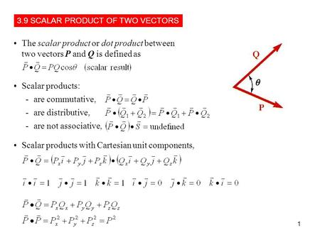 1 The scalar product or dot product between two vectors P and Q is defined as Scalar products: -are commutative, -are distributive, -are not associative,