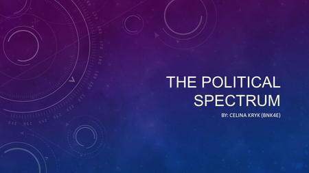 THE POLITICAL SPECTRUM BY: CELINA KRYK (BNK4E). The political spectrum is a chart of some sort that is used to define an individual’s party affiliation.