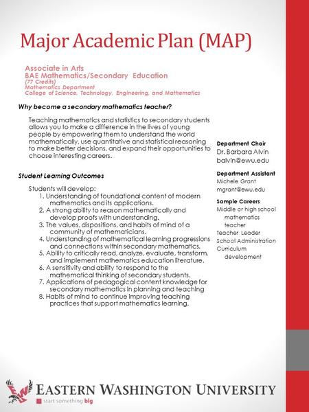 Major Academic Plan (MAP) Why become a secondary mathematics teacher? Teaching mathematics and statistics to secondary students allows you to make a difference.