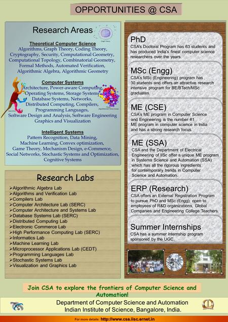 Department of Computer Science and Automation Indian Institute of Science, Bangalore, India. CSA Research Areas Theoretical Computer Science.