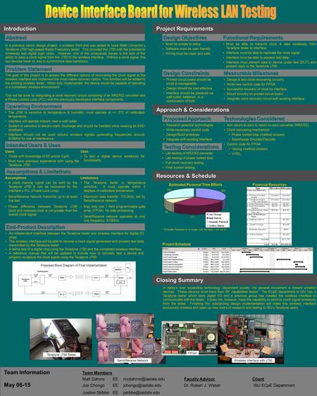 Introduction ProjectRequirements Project Requirements In a previous senior design project, a wireless front-end was added to Iowa State University’s Teradyne.