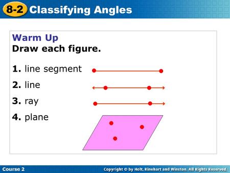 Warm Up Draw each figure. 1. line segment 2. line 3. ray 4. plane Course 2 8-2 Classifying Angles.