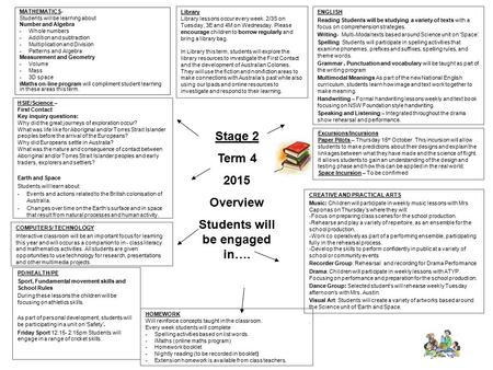 MATHEMATICS- Students will be learning about Number and Algebra -Whole numbers -Addition and subtraction -Multiplication and Division -Patterns and Algebra.