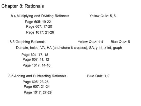 Chapter 8: Rationals 8.4 Multiplying and Dividing RationalsYellow Quiz: 5, 6 Page 605: 19-22 Page 607: 17-20 Page 1017: 21-26 8.3 Graphing RationalsYellow.