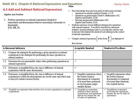 Math 20-1 Chapter 6 Rational Expressions and Equations 6.3 Add and Subtract Rational Expressions Teacher Notes.