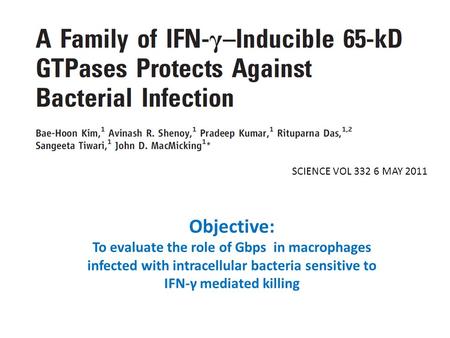 SCIENCE VOL 332 6 MAY 2011 Objective: To evaluate the role of Gbps in macrophages infected with intracellular bacteria sensitive to IFN-γ mediated killing.