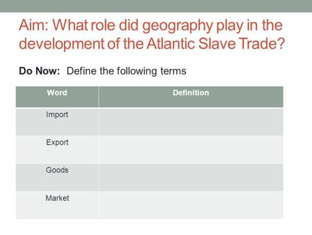 Do Now:  Define the following terms Word Definition Import Export Goods