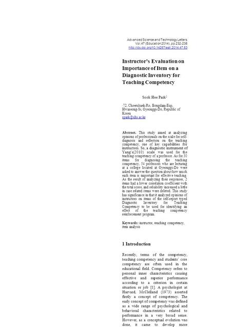 Advanced Science and Technology Letters Vol.47 (Education 2014), pp.232-235  Instructor’s Evaluation on Importance.