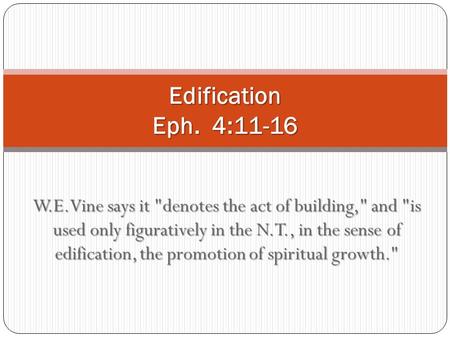 W.E.Vine says it denotes the act of building, and is used only figuratively in the N.T., in the sense of edification, the promotion of spiritual growth.