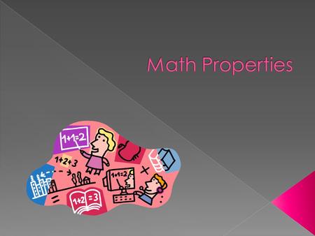  Commutative Property of Addition › The order in which you two numbers does not change the sum › Example: 12 + 3 = 3 + 12  Commutative Property of Multiplication.