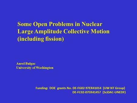 Some Open Problems in Nuclear Large Amplitude Collective Motion (including fission) Aurel Bulgac University of Washington Funding: DOE grants No. DE-FG02-97ER41014.